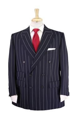 H. Herzfeld New York Bespoke Navy Blue Pinstripe Double Breasted Wool Suit 44S